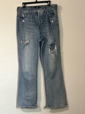 Express 90s Boot High Rise Light Wash Distressed Flare Jeans, Size 14R